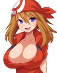  :d bandana blue_eyes blush bouncing_breasts breasts brown_hair center_opening cleavage collarbone haruka_(pokemon) heart highres huge_breasts konno_tohiro looking_at_viewer open_mouth paizuri_invitation pokemon pokemon_(game) pokemon_rse simple_background smile solo upper_body white_background 