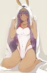  animal_ears bangs bare_legs barefoot bed_sheet beige_background blunt_bangs blush breasts commentary covered_navel dark_skin eyebrows_visible_through_hair facial_mark fate/grand_order fate_(series) hair_ornament hood hoodie jackal_ears jewelry long_hair looking_at_viewer medium_breasts necklace nitocris_(fate/grand_order) nitocris_(swimsuit_assassin)_(fate) one-piece_swimsuit purple_eyes purple_hair seiza sheet_grab sidelocks simple_background sitting solo sumisu_(mondo) swimsuit very_long_hair white_swimsuit 