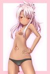  black_panties blush breasts cameltoe chloe_von_einzbern cowboy_shot dark_skin fate/kaleid_liner_prisma_illya fate_(series) ki_(kk-sk-ray) long_hair looking_at_viewer navel nipples no_pants panties pink_hair red_eyes small_breasts solo standing tattoo topless underwear yellow_eyes 