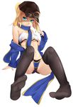  ahoge arm_support artoria_pendragon_(all) bandeau bare_shoulders baseball_cap black_legwear blonde_hair blue_eyes blue_scarf breasts fate/grand_order fate_(series) hat looking_at_viewer midriff mysterious_heroine_x navel off_shoulder scarf sleeves_past_wrists small_breasts soles thighhighs thighs underboob white_background yakumocc 