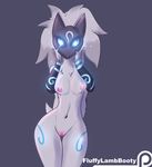  2017 5_fingers anthro big_butt blue_eyes breasts butt caprine cute digital_drawing_(artwork) digital_media_(artwork) digitigrade female fingers fluffylambbooty front_view fur hair hi_res humanoid kindred_(lol) lamb_(lol) league_of_legends long_ears long_hair looking_at_viewer mammal mask nipples nude pussy riot_games sheep simple_background solo spirit standing video_games white_fur white_hair wide_hips 