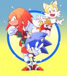  90s aimf black_eyes full_body grin knuckles_the_echidna male_focus multiple_boys multiple_tails shoes smile sneakers sonic sonic_mania sonic_the_hedgehog tail tails_(sonic) v 
