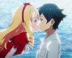  1boy 1girl artist_request black_hair blonde_hair bow dress eromanga_sensei green_eyes hair_bow izumi_masamune kiss long_hair looking_at_another pointy_ears profile red_bow red_dress sweat upper_body water yamada_elf 