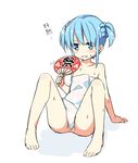  arm_support blue_hair blush collarbone double_bun eyebrows_visible_through_hair fan fanning_face fanning_self full_body hair_between_eyes hatsunatsu holding holding_fan looking_at_viewer naked_towel original paper_fan parted_lips reclining short_hair short_twintails sidelocks simple_background solo spread_legs sweat towel translated twintails uchiwa wavy_mouth wet_towel white_background 