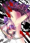  ass black_hair bracelet commentary covering_mouth directional_arrow dress highres horns jewelry kijin_seija looking_at_viewer multicolored_hair nga_(artist) no_panties puffy_short_sleeves puffy_sleeves red_eyes red_hair short_hair short_sleeves solo streaked_hair touhou upside-down upskirt white_hair 