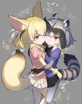  ;) ;o animal_ears ass_grab breast_press breasts cheek-to-cheek commentary common_raccoon_(kemono_friends) fennec_(kemono_friends) fox_ears fox_tail gojou_shinra half-closed_eyes hug kemono_friends looking_at_another multiple_girls mutual_hug one_eye_closed pantyhose raccoon_ears raccoon_tail skirt skirt_lift small_breasts smile symmetrical_docking tail thighhighs yuri zettai_ryouiki 