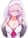  artist_name bangs black-framed_eyewear breasts cleavage closed_mouth collarbone commentary_request fate/grand_order fate_(series) glasses hair_over_one_eye hands_up highres hood hood_up hoodie large_breasts light_smile looking_at_viewer mash_kyrielight mery_(apfl0515) pinky_out semi-rimless_eyewear short_hair signature sleeves_past_wrists smile solo swimsuit swimsuit_of_perpetual_summer under-rim_eyewear upper_body white_swimsuit 