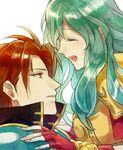  1girl akke aqua_hair armor blue_hair cape couple eirika fire_emblem fire_emblem:_seima_no_kouseki fire_emblem_heroes gloves hetero long_hair red_eyes red_hair seth_(fire_emblem) short_hair smile 