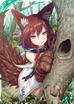  akkijin animal_ears brown_eyes brown_hair cuffs day embarrassed fenrir_(shinkai_no_valkyrie) forest hiding hood nature official_art paws shackles shinkai_no_valkyrie solo squirrel tail tree white_hood wolf_ears wolf_hood wolf_tail 