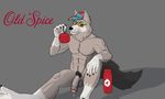  anthro canine daveyote half-erect hat humanoid_penis male mammal mascot muscular muscular_male old_spice penis precum simple_background solo uncut wolf wolfthorn_(old_spice) 
