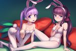  all_fours animal_ears armband athrun1120 blue_eyes breasts brown_hair bunny_ears bunny_tail bunnysuit carrot embarrassed highres leotard long_hair looking_at_viewer medium_breasts mole mole_on_breast multiple_girls new_game! open_mouth pantyhose pillow ponytail purple_eyes purple_hair shoes sitting small_breasts smile strapless strapless_leotard suzukaze_aoba tail takimoto_hifumi twintails white_footwear white_legwear white_leotard white_neckwear wrist_cuffs 