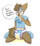  blush canine clothed clothing coyote dialogue diaper diapered-buns english_text hybrid infantilism male mammal shirt simple_background solo tears text urine wet_diaper wolf 
