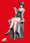  1girl absurdres ankle_strap_heels bare_legs belt blue_hair bowl_cut breasts brown_eyes choker cleavage clipboard collar collarbone curvy desk dress eyebrows feet holding jiji_(pixiv10646874) labcoat large_breasts legs_crossed long_sleeves looking_at_viewer nail_polish necklace persona persona_5 red_background red_nails shadow short_hair sitting studded_collar takemi_tae 