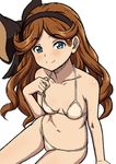  beige_bikini bikini blue_eyes bow breasts brown_hair closed_mouth eyebrows_visible_through_hair from_above granblue_fantasy hair_bow hairband kasanui long_hair looking_at_viewer navel sara_(granblue_fantasy) simple_background sitting sketch small_breasts solo swimsuit white_background 