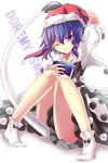  ;) arm_up bangs blue_eyes blue_hair bobby_socks book book_hug commentary doremy_sweet dress hat highres holding holding_book knees_together_feet_apart knees_up looking_at_viewer multicolored multicolored_clothes multicolored_dress nga_(artist) nightcap one_eye_closed parted_lips pom_pom_(clothes) short_hair sitting smile socks solo tail tapir_tail touhou 