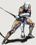  cyborg cyborg_ninja glowing gray_fox male_focus mask metal_gear_(series) metal_gear_solid ninja ogros simple_background solo sword weapon 