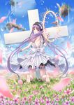  bare_shoulders barefoot blue_sky blush cross day dress euryale fate/grand_order fate/hollow_ataraxia fate_(series) field flower flower_field gohei_(aoi_yuugure) hairband halo headdress highres jewelry kneeling lolita_hairband long_hair looking_at_viewer looking_back nature open_mouth outdoors petals purple_eyes purple_hair siblings sky sleeveless sleeveless_dress solo twintails very_long_hair white_dress 