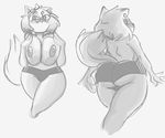  &lt;3 &lt;3_eyes anthro areola big_breasts big_butt bow breasts butt cat clothed clothing cute fangs feline female gats greyscale hair looking_at_viewer looking_back mammal monochrome nipples simple_background slightly_chubby smile standing sugar_(gats) underwear white_background 