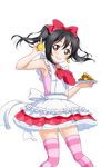  apron artist_request bangs bare_shoulders black_hair blush bow cookie dress earrings food grin hair_bow jewelry korekara_no_someday long_hair looking_at_viewer love_live! love_live!_school_idol_festival love_live!_school_idol_festival_after_school_activity love_live!_school_idol_project official_art petticoat red_eyes sleeveless sleeveless_dress smile smiley_face solo striped striped_legwear thighhighs transparent_background twintails yazawa_nico zettai_ryouiki 