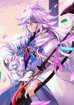  bangs cloak closed_mouth commentary_request eyebrows_visible_through_hair fate/stay_night fate_(series) fou_(fate/grand_order) hair_between_eyes holding long_hair looking_at_viewer luse_maonang male_focus merlin_(fate) petals purple_eyes silver_hair smile solo white_hair 