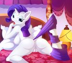  2017 anthro anthrofied areola bed bedroom blue_eyes breasts butt dock equine eyelashes eyeshadow female friendship_is_magic hair hi_res horn inside lamp long_hair looking_back lying makeup mammal my_little_pony nipples on_bed on_front open_mouth purple_hair pussy rarity_(mlp) solo tongue tongue_out unicorn whitmaverick 