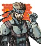  blue_bodysuit blue_gloves blue_headband blurry bodysuit closed_mouth gloves grey_hair hand_up harness headband honeycomb_(pattern) honeycomb_background looking_at_viewer male_focus metal_gear_(series) metal_gear_solid mullet ogros pouch serious shaded_face sneaking_suit solid_snake solo spiked_hair thumbs_up upper_body 
