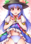  blue_hair blue_panties blush dress dress_lift embarrassed eyebrows_visible_through_hair food fruit fun_bo hat highres hinanawi_tenshi lifted_by_self long_hair looking_at_viewer no_nose open_mouth panties peach puffy_sleeves red_eyes short_sleeves solo touhou underwear 