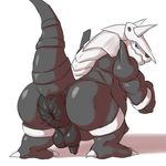  2017 aggron anal anthro anus balls black_anus butt digital_media_(artwork) foreskin humanoid_penis hyper hyper_anus looking_back male mocri nintendo nude penis pok&eacute;mon puffy_anus simple_background solo standing video_games 