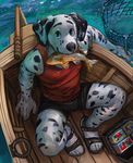  anthro boat canine clothing dalmatian dog fish fur male mammal marine shirt shorts solo tacklebox tank_top vehicle water 