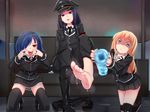  3girls artificial_vagina barefoot black_legwear blonde_hair blue_eyes blue_hair boots couch feet hair_over_one_eye hat kneeling long_hair looking_at_viewer multiple_girls one_leg_raised open_mouth parted_lips pov red_eyes shoes_removed short_hair sitting soles steam sweat toes zettai_ryouiki 