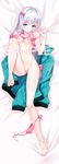  1girl barefoot blue_eyes blush breasts dakimakura eromanga_sensei feet hair_bow izumi_sagiri long_hair lying one_leg_raised panties_removed pussy sheet_grab shirt_lift silver_hair soles strap_slip toes topless 