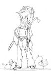  1girl animal_ears camel_(dansen) chaps full_body gun midrifff monochrome navel puki_(creature) revolver sachiho shawl sword tail weapon western 