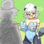  1girl artist_request bare_shoulders blush breasts brown_eyes cleavage elbow_gloves english freckles gen_5_pokemon gloves hat large_breasts lowres oshawott pantyhose personification pokemon tail touya_(pokemon) white_hair 