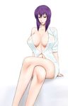  bad_id bad_pixiv_id breasts cleavage covered_nipples crossed_legs ghost_in_the_shell ghost_in_the_shell_stand_alone_complex kusanagi_motoko large_breasts legs libre naked_shirt navel purple_hair red_eyes shirt short_hair sitting solo thighs wet wet_clothes 
