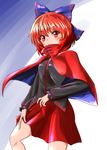  bangs black_shirt blue_bow blush bow breasts commentary_request covered_mouth cowboy_shot hair_bow high_collar highres long_sleeves looking_at_viewer oshiaki red_eyes red_hair red_skirt sekibanki shirt short_hair skirt small_breasts solo touhou 
