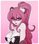  2014 anthro big_breasts blush bow breasts cleavage clothed clothing corset crown fangs female hair hi_res lingerie long_hair mammal mona_(spittfire) pink_hair ponytail portrait princess purple_eyes raccoon ribbons royalty solo spittfire_(artist) tiara 
