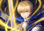 1boy arthur_pendragon_(fate) blonde_hair blue_cape cape excalibur fate/prototype fate_(series) green_eyes hair_between_eyes heri_(sniper579) male_focus parted_lips portrait solo 