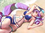  arm_up beach bikini blue_bikini blue_hair blurry breasts cleavage collarbone commentary_request covered_nipples day depth_of_field don_(rg06268) eyebrows_visible_through_hair highres large_breasts long_hair looking_at_viewer lying macross macross_delta mikumo_guynemer multicolored_hair navel on_back outdoors parted_lips purple_hair red_eyes sand shiny shiny_hair skindentation smile solo sparkle swimsuit teeth thigh_strap two-tone_hair very_long_hair water wet 