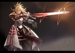  armor bangs blonde_hair brown_eyes clarent commentary_request copyright_name fate/apocrypha fate/grand_order fate_(series) faulds green_eyes grin holding holding_sword holding_weapon letterboxed long_hair looking_at_viewer mono_(jdaj) mordred_(fate) mordred_(fate)_(all) parted_lips pauldrons ponytail sidelocks smile solo standing sword tsurime weapon 