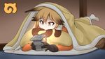  animal_ears black_gloves blonde_hair blush brown_eyes brown_hair closed_mouth commentary_request eyebrows_visible_through_hair ezo_red_fox_(kemono_friends) fox_ears fox_tail full_body fur_trim futon game_boy gloves hair_between_eyes handheld_game_console head_tilt holding indoors japari_symbol japari_symbol_print kagura_roku kemono_friends long_sleeves lying multicolored_hair on_stomach pillow playing_games print_pillow solo tail two-tone_hair under_covers white_legwear 