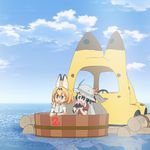  :d animal_ears black_hair blonde_hair bow bowtie cloud commentary day eating elbow_gloves gloves hat hat_feather japari_bus kaban_(kemono_friends) kemono_friends multiple_girls ocean open_mouth outdoors red_shirt reflection serval_(kemono_friends) serval_ears shirt short_hair short_sleeves sky sleeveless smile tatsuki_(irodori) tub v-shaped_eyebrows yellow_eyes 