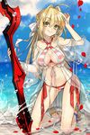  :&gt; aestus_estus ahoge anklet bangs bare_shoulders beach bead_bracelet beads bikini blonde_hair blue_sky bracelet braid breasts bun_(lv1_bun) cleavage closed_mouth cloud cloudy_sky commentary_request criss-cross_halter day drawstring dress eyebrows_visible_through_hair fate/grand_order fate_(series) french_braid full_body gown green_eyes groin hair_bun hair_intakes halter_top halterneck hand_to_head hand_up holding holding_sword holding_weapon jewelry kneeling large_breasts legs_apart long_hair looking_at_viewer medium_breasts navel nero_claudius_(fate)_(all) nero_claudius_(swimsuit_caster)_(fate) ocean outdoors petals planted_sword planted_weapon red_bikini rose_petals sandals side-tie_bikini sidelocks sky smile solo striped striped_bikini swimsuit sword twintails water water_drop weapon 