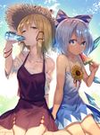  adapted_costume bare_arms bare_shoulders blonde_hair blue_bow blue_dress blue_eyes blue_hair bow bright_pupils cirno collarbone commentary_request dress drinking flower food hair_bow hair_ribbon hat highres ice ice_wings long_hair moriya_suwako multiple_girls off-shoulder_shirt off_shoulder popsicle purple_skirt ramune red_ribbon ribbon shirt short_dress short_hair sidelocks sitting skirt skirt_set straw_hat summer sunflower sweat tan tanned_cirno touhou tress_ribbon uu_uu_zan vest watermelon_bar wings yellow_eyes 
