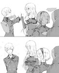  2girls bare_shoulders black_gloves blush breasts closed_eyes elbow_gloves gloves greyscale headband highres long_hair looking_back medium_breasts middle_finger mole mole_under_mouth monochrome multiple_girls nier_(series) nier_automata pullssack short_hair smile thumbs_down turning_head yorha_no._2_type_b yorha_no._9_type_s yorha_type_a_no._2 