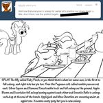  apple_pie bitterplaguerat black_and_white dialogue earth_pony english_text equine fan_character food friendship_is_magic horn horse loki_(bitterplaguerat) mammal monochrome my_little_pony pony ruby_pinch_(mlp) table text unicorn 