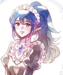  blue_eyes blue_hair blush cosplay felicia_(fire_emblem_if) felicia_(fire_emblem_if)_(cosplay) fire_emblem fire_emblem:_kakusei fire_emblem_heroes fire_emblem_if liefe looking_at_viewer lucina maid maid_cap ponytail simple_background smile white_background 