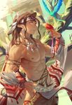  abs areolae bare_chest biceps bird bird_on_hand brown_hair building dark_skin dark_skinned_male dutch_angle earrings feathers fu_tomiko hand_on_hip headdress high_ponytail highres jewelry long_hair looking_at_viewer male_focus muscle native_american_headdress necklace nipples open_mouth original pectorals pointy_ears shirtless solo 