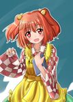  :d apron bangs bell blush book character_name checkered checkered_kimono clothes_writing commentary_request cowboy_shot hair_bell hair_ornament highres japanese_clothes jingle_bell kimono long_sleeves looking_at_viewer motoori_kosuzu open_mouth oshiaki red_eyes red_hair smile solo touhou two_side_up wide_sleeves 
