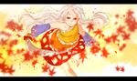  autumn_leaves bare_shoulders barefoot bow collarbone commentary_request detached_sleeves dress hatchet highres holding long_hair looking_at_viewer mono_(lovenedesiko) multicolored multicolored_clothes multicolored_dress oriental_hatchet red_bow red_eyes sakata_nemuno silver_hair single_strap smile solo touhou very_long_hair wavy_hair yellow_background 