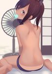  bare_back barefoot brown_eyes brown_hair commentary_request electric_fan food food_in_mouth highres i-401_(kantai_collection) kantai_collection masukuza_j mouth_hold ponytail popsicle short_hair solo tan tanline tatami topless 
